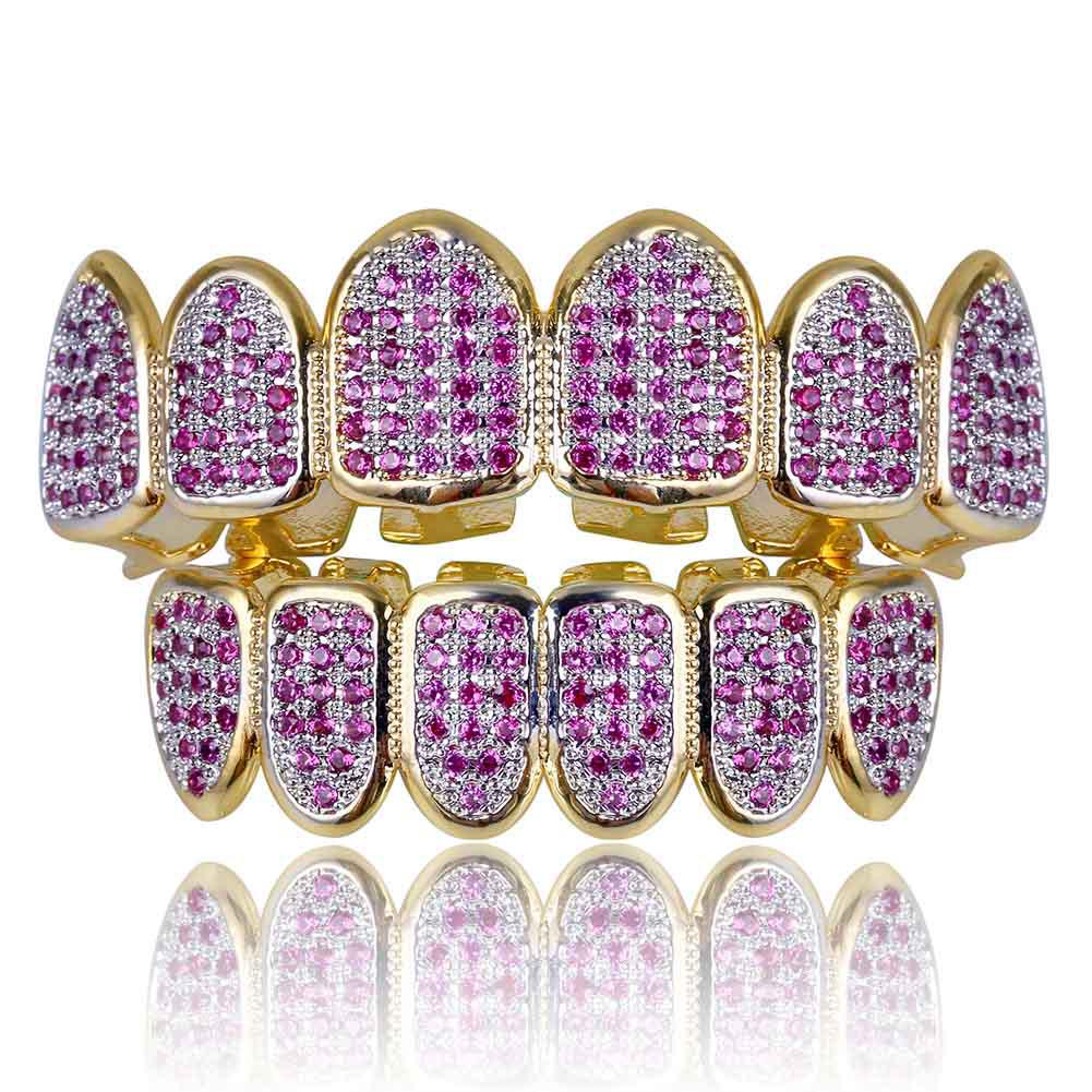 6 Teeth Standard Purple Diamond Grillz in Gold