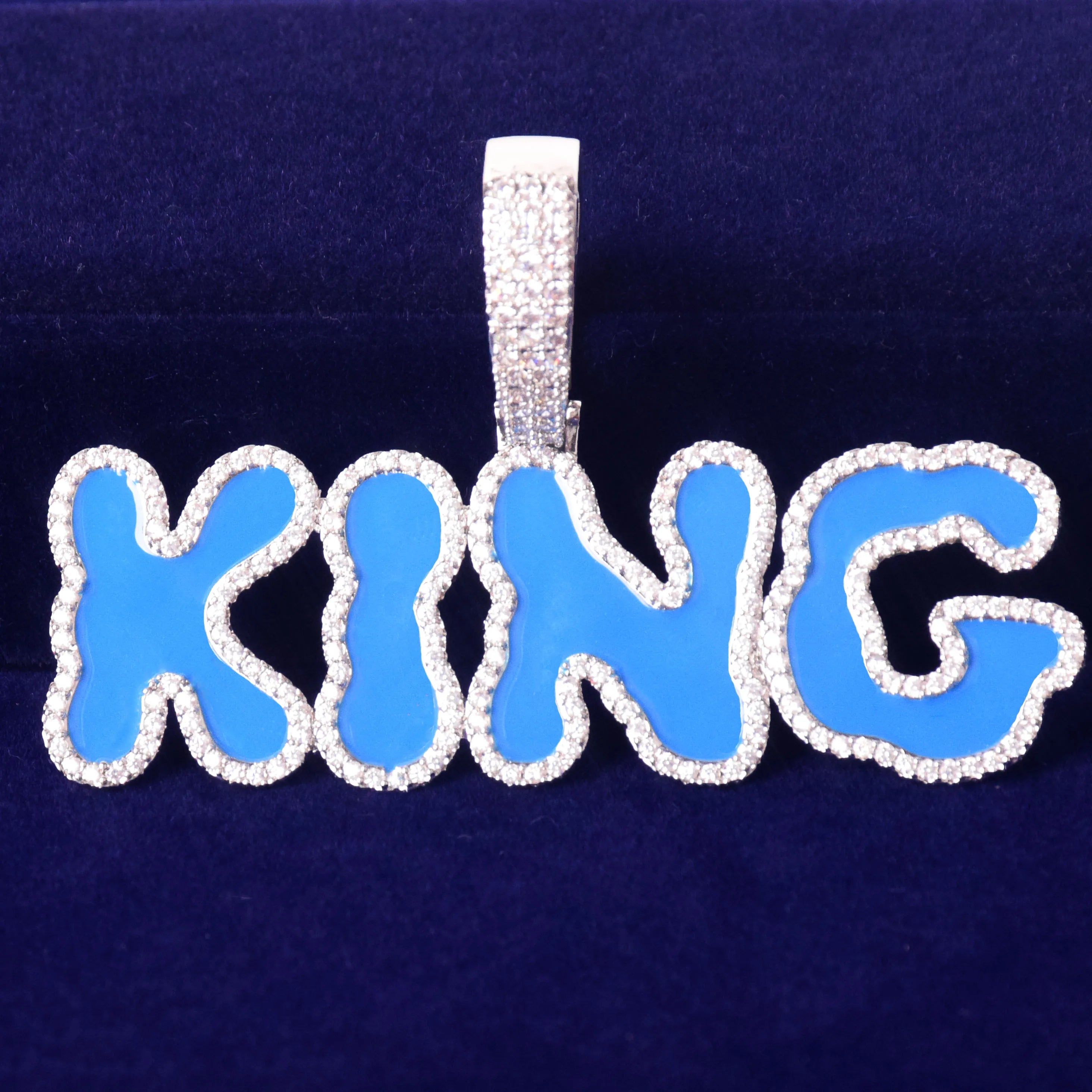 Solid Back Custom Blue Enamel Letter Pendant - Icedgame & Co