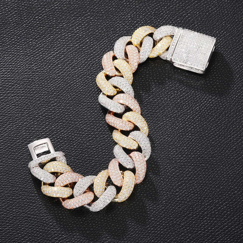 S925 Moissanite Tri-Color Cuban Link Chain Bracelet - 20mm - Icedgame & Co