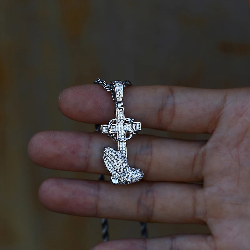 Hands Praying Cross Diamond Pendant