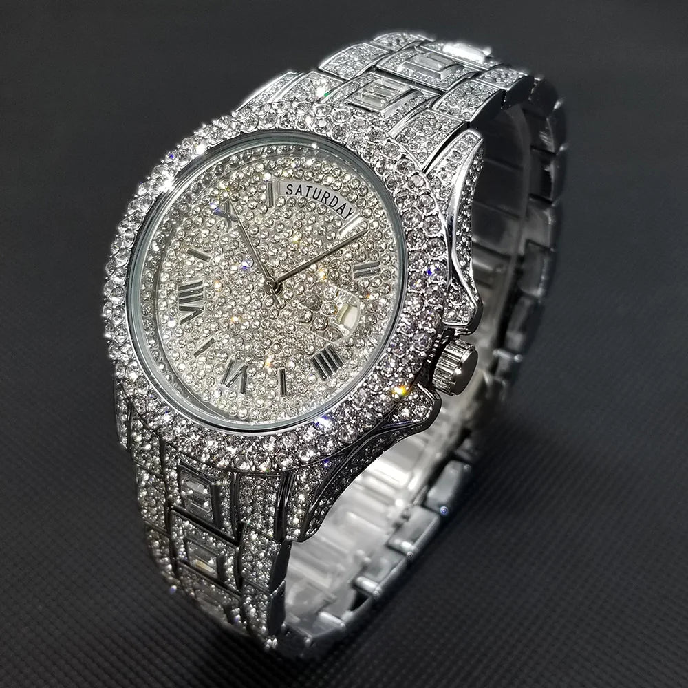 DAY DATE ROMAN NUMERALS VVS ICED OUT DIAMOND WATCH