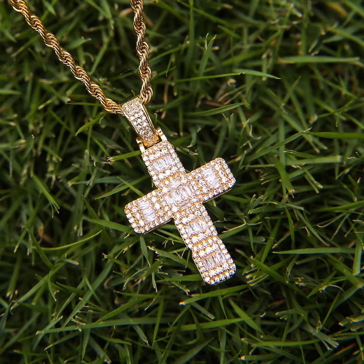 Square Baguette Cross Pendant Necklace