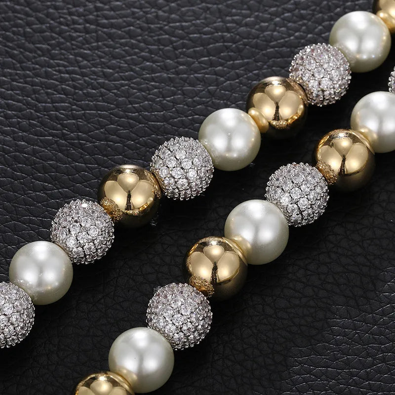 Iced Out Mixed-Pearl Beads Link Chain Necklace