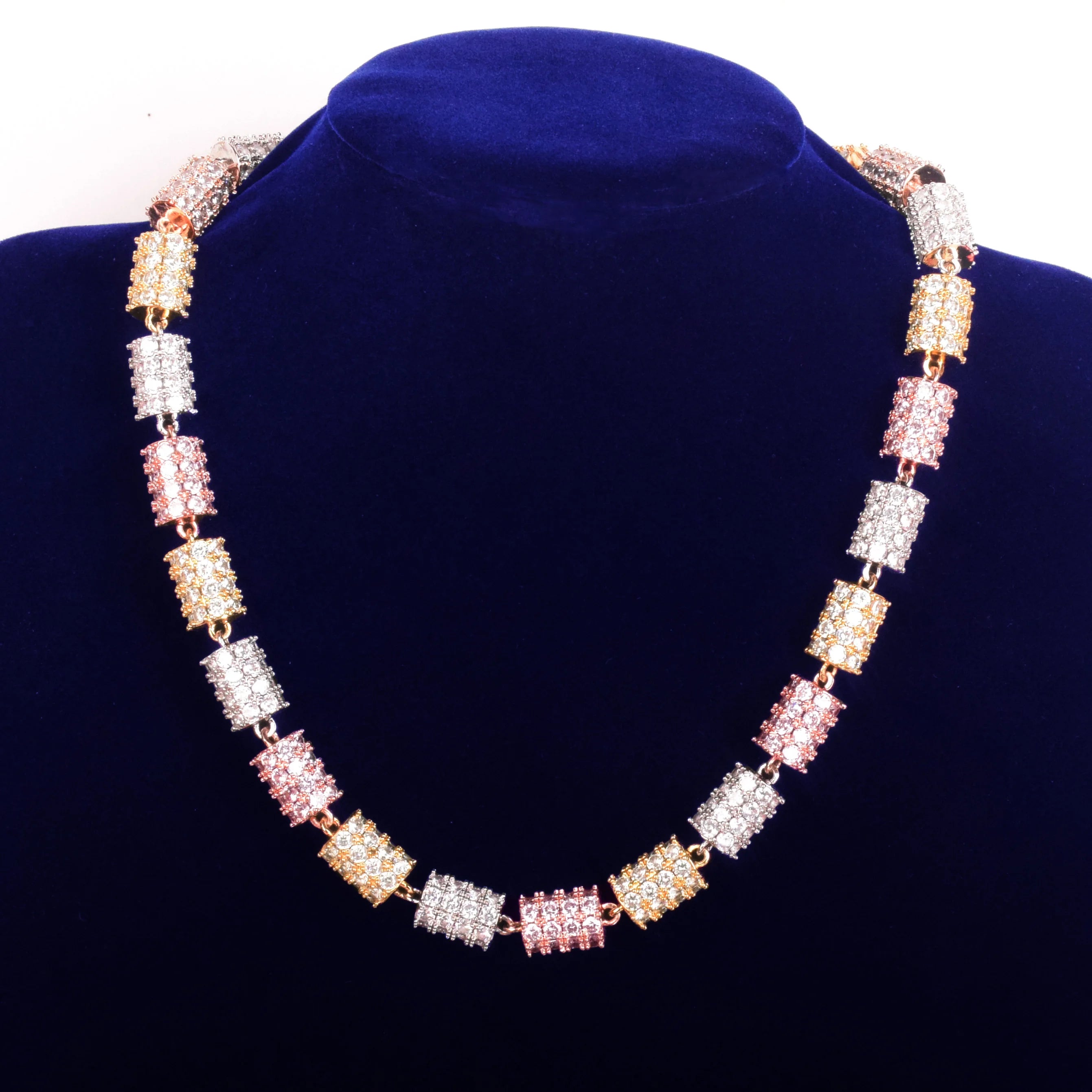 TRIPLE-COLOR CYLINDRICAL ICED-OUT DIAMOND NECKLACE CHAIN - 10MM
