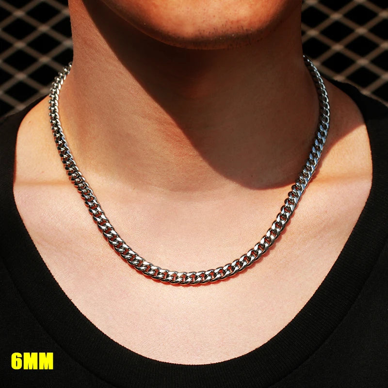 6-14MM Cuban Silver Link Necklace (Stainless Steel)