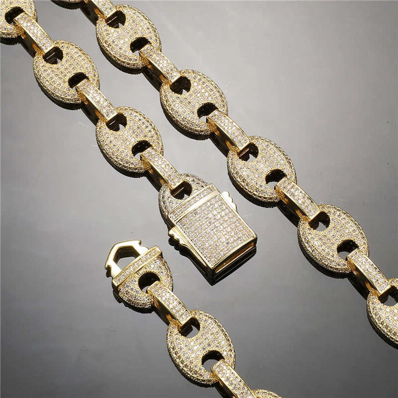 12MM Iced Out Mariner Link Chain Necklace in Gold/White Gold