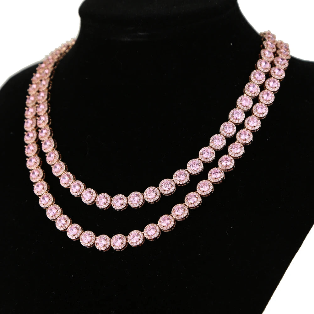 8mm Round Diamond Clustered Tennis Chain Necklace - Rose Gold/White Gold