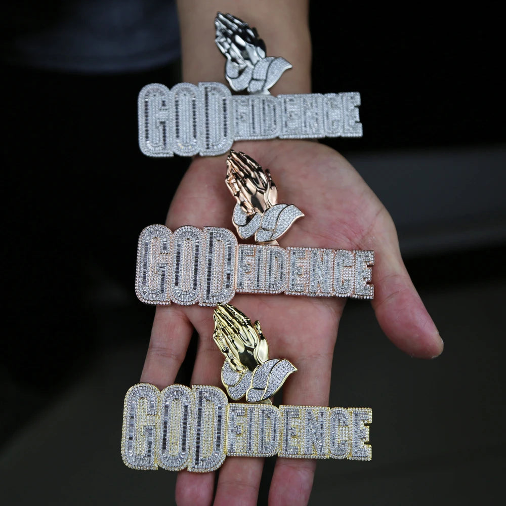 Iced Out Praying Hands Bail "GOD Fidence" Pendant Necklace