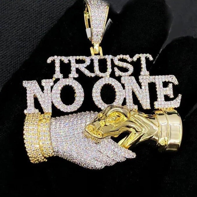 "TRUST NO ONE" ICED OUT LETTER DIAMOND PENDANT NECKLACE