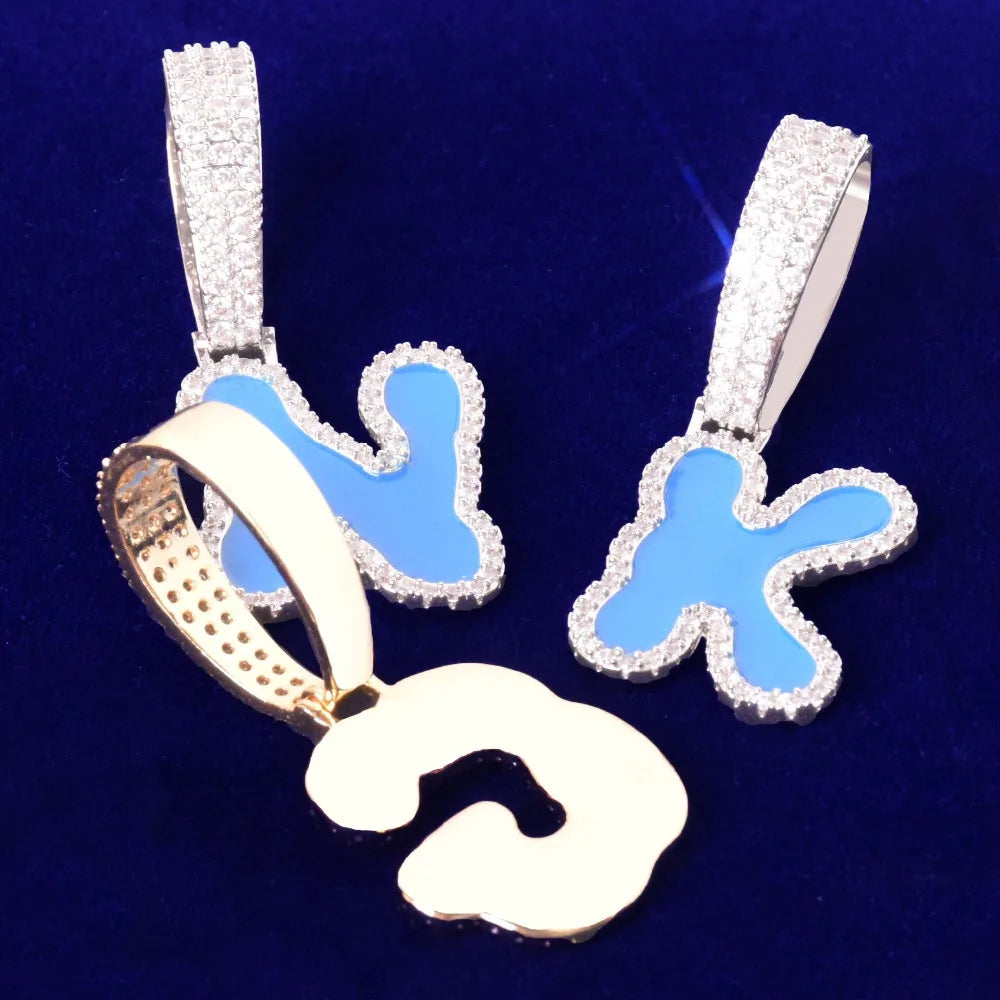 Solid Back Custom Blue Enamel Letter Pendant - Icedgame & Co