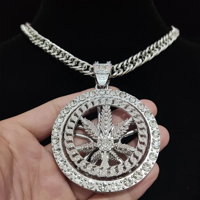Iced Out Rotatable Leaf Pendant Necklace
