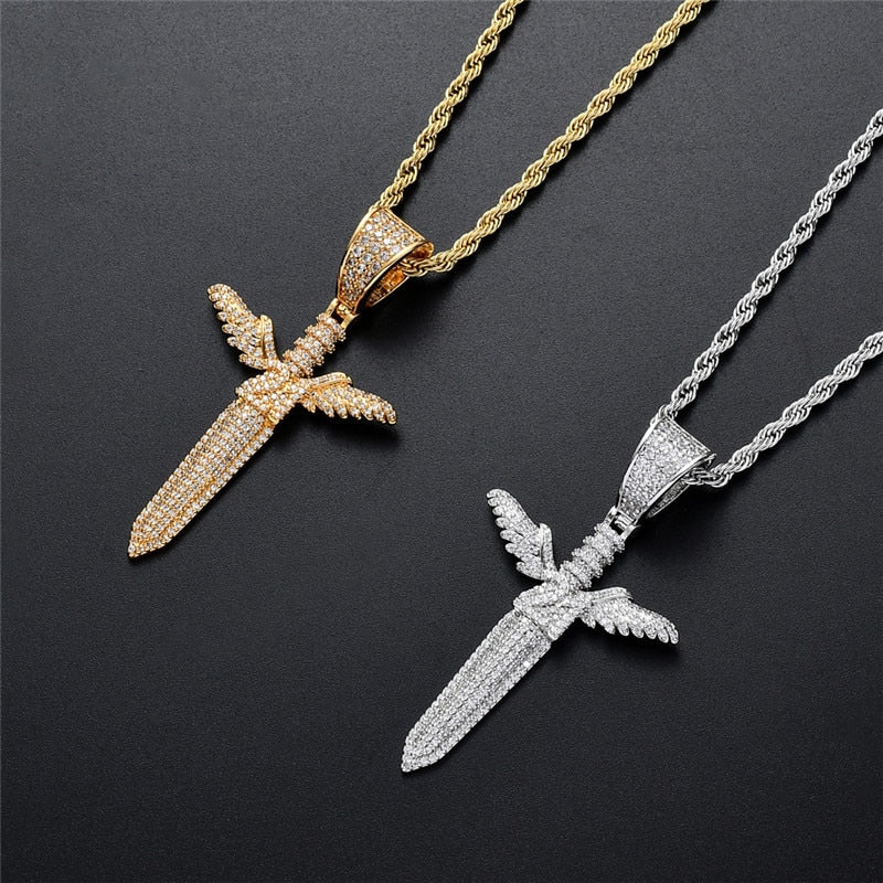 Iced Out Wings Diamond Sword Pendant Necklace
