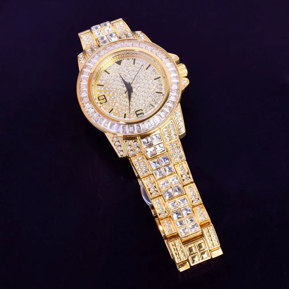 Iced Out Diamond Baguette Watch & Cuban Link Bracelet Set