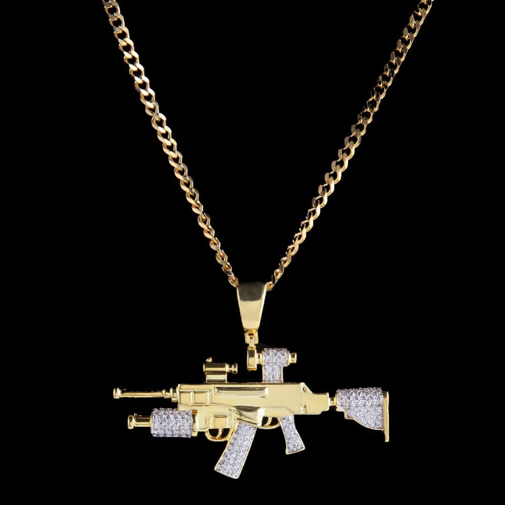 Yellow Gold Assault Rifle Gun Pendant Necklace
