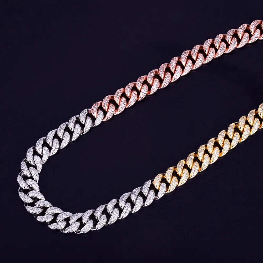 Tri-Color Iced Out Miami Cuban Link Chain Necklace