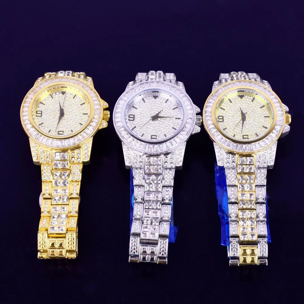 Iced Out Diamond Baguette Watch & Cuban Link Bracelet Set