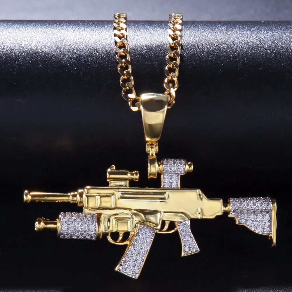 Yellow Gold Assault Rifle Gun Pendant Necklace
