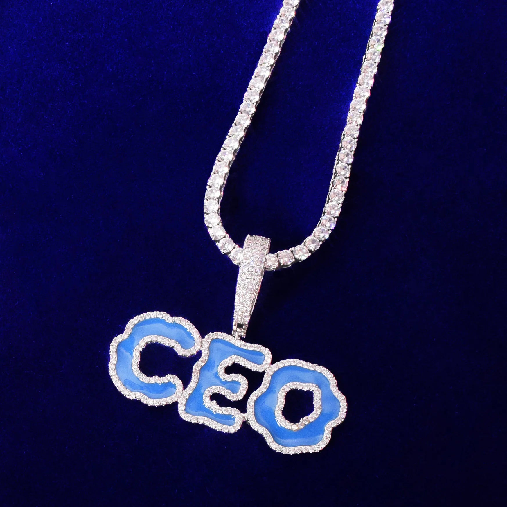 Solid Back Custom Blue Enamel Letter Pendant - Icedgame & Co