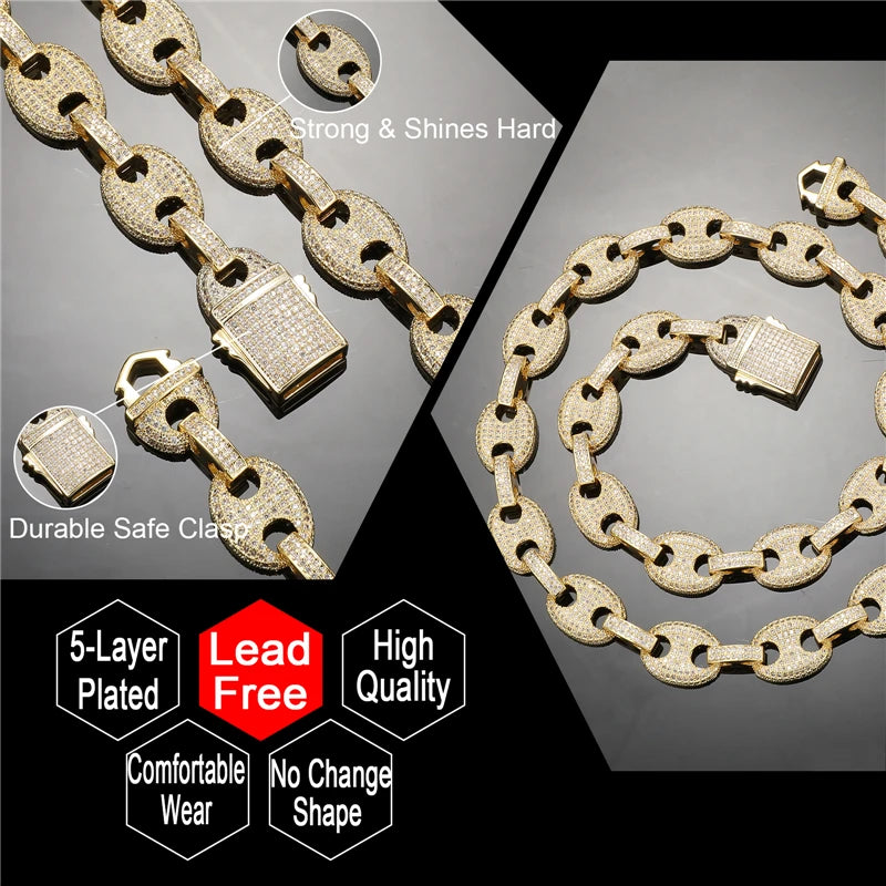 12MM Iced Out Mariner Link Chain Necklace in Gold/White Gold