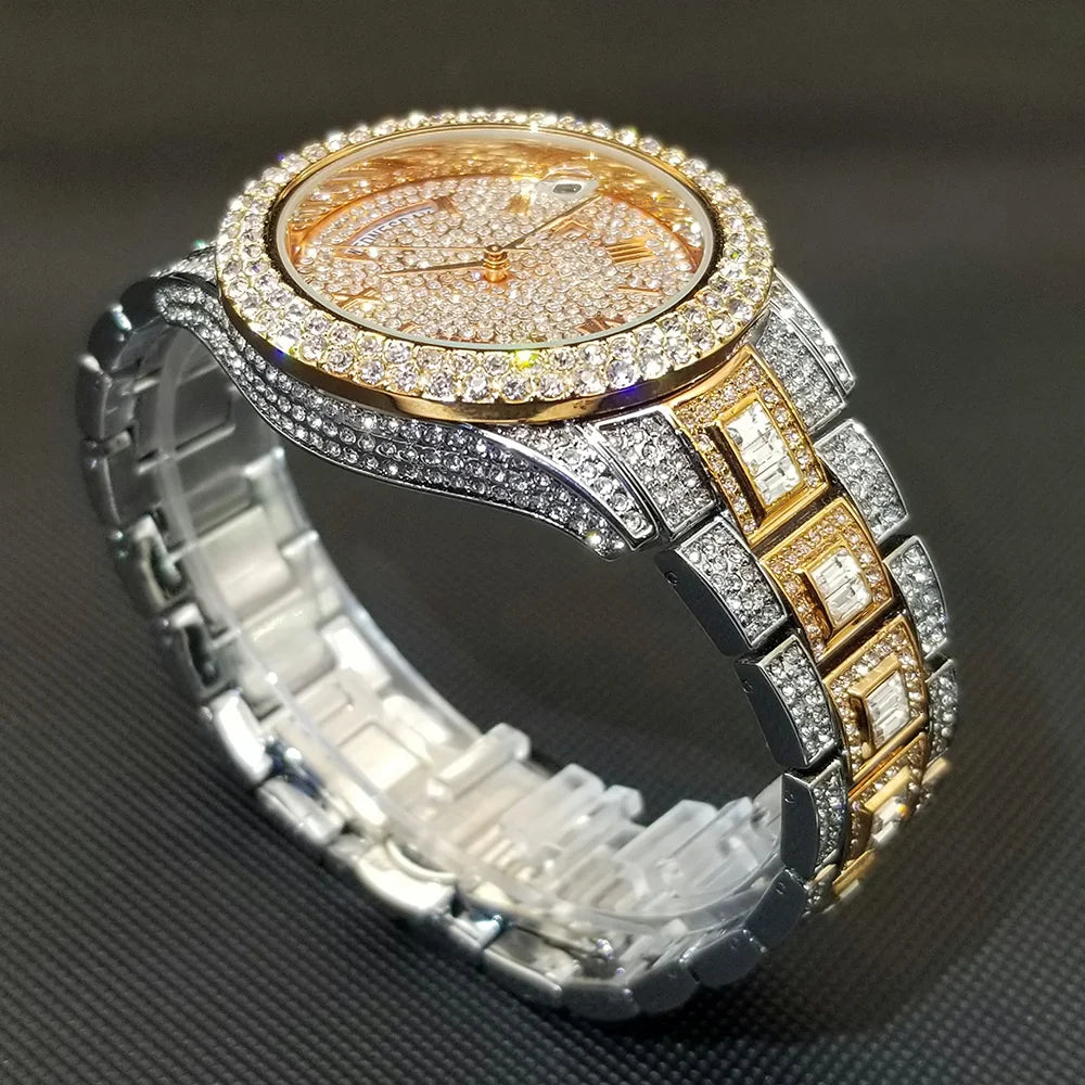DAY DATE ROMAN NUMERALS VVS ICED OUT DIAMOND WATCH