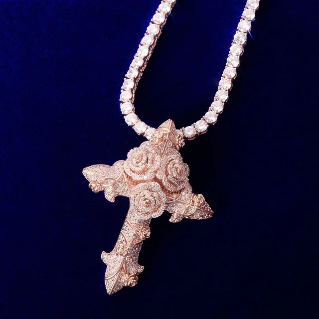 Diamond Rose Cross Necklace in Yellow/White Gold/Rose Gold (Only Pendant)