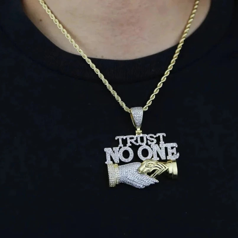 "TRUST NO ONE" ICED OUT LETTER DIAMOND PENDANT NECKLACE