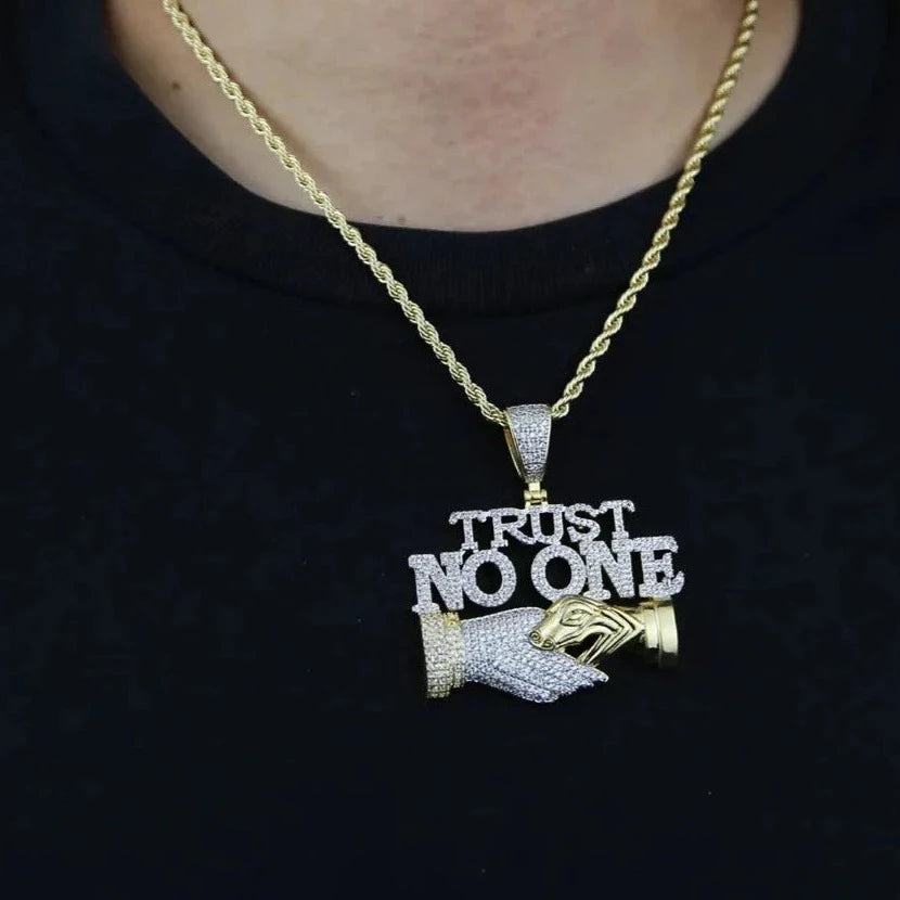 "TRUST NO ONE" ICED OUT LETTER DIAMOND PENDANT NECKLACE