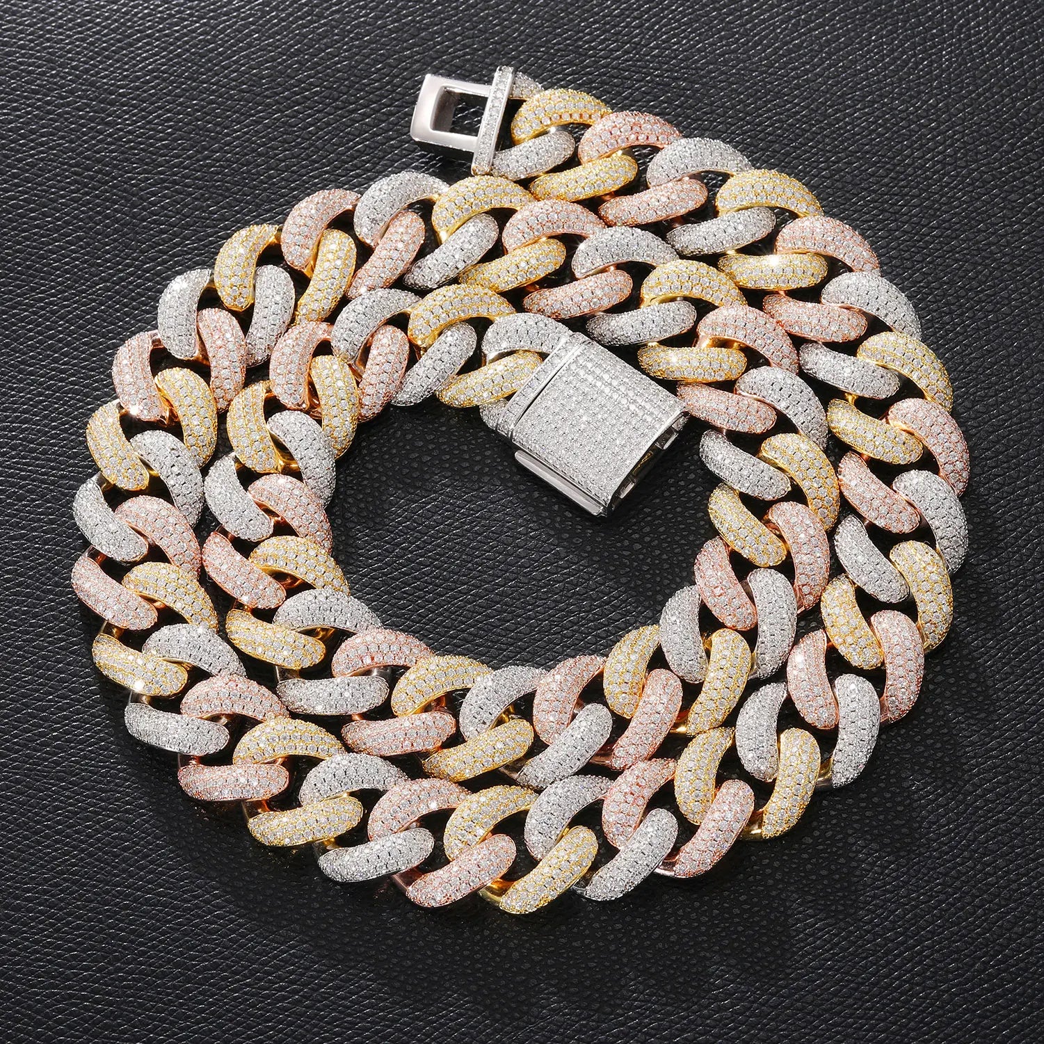 S925 Moissanite Tri-Color Cuban Link Chain Necklace - 20mm