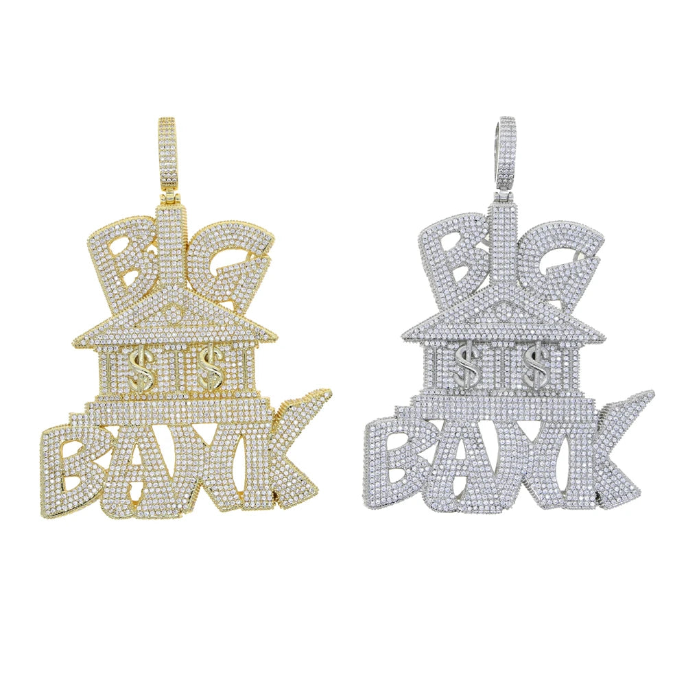 BIG BANK WITH DOLLAR SIGNS ICED OUT LETTER DIAMOND PENDANT NECKLACE