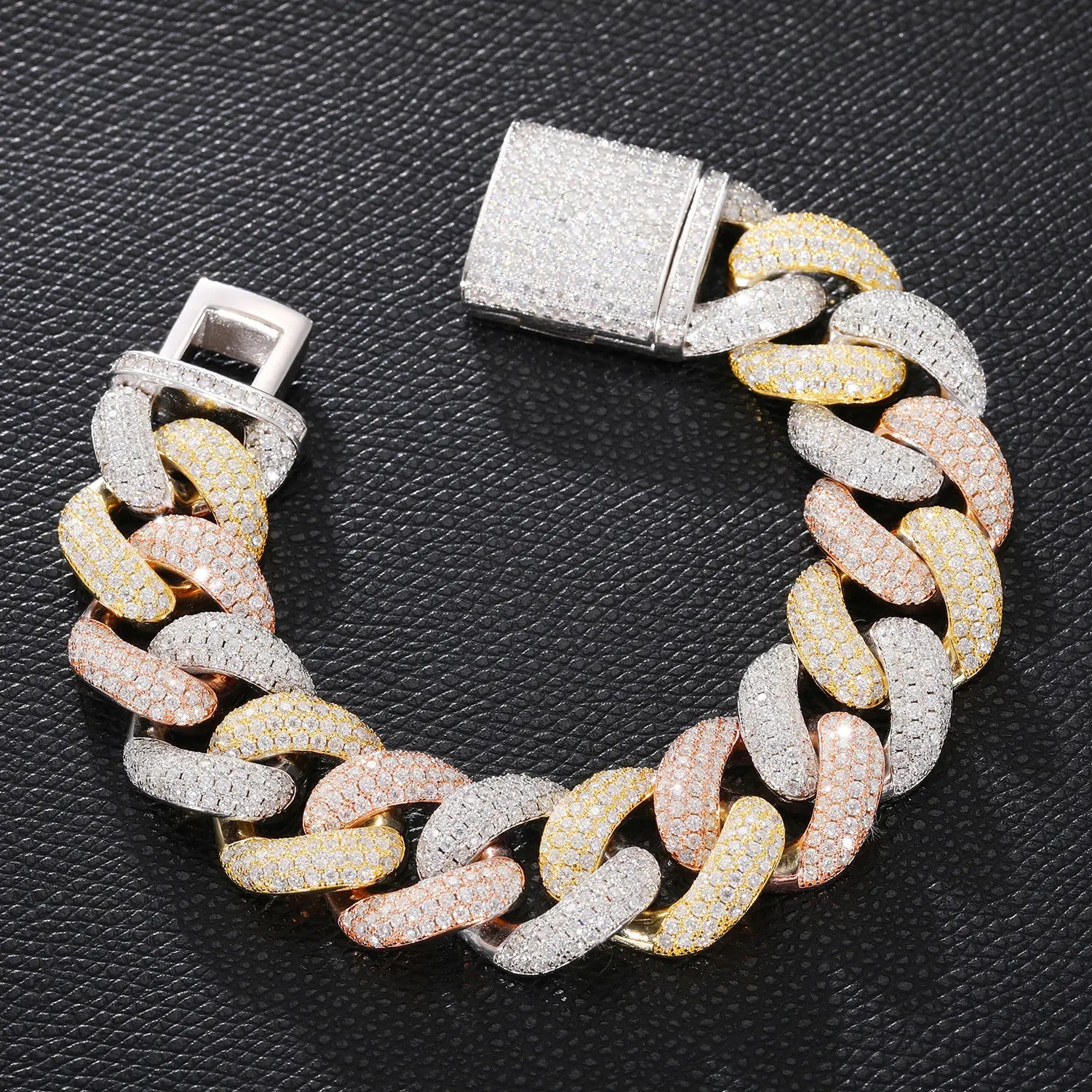 S925 Moissanite Tri-Color Cuban Link Chain Bracelet - 20mm