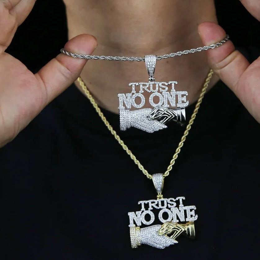 "TRUST NO ONE" ICED OUT LETTER DIAMOND PENDANT NECKLACE