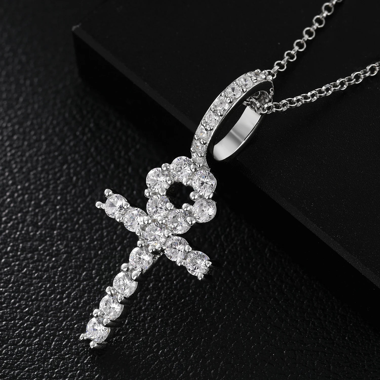 S925 Moissanite Mini Silver Iced Out Ankh Cross Diamond Pendant