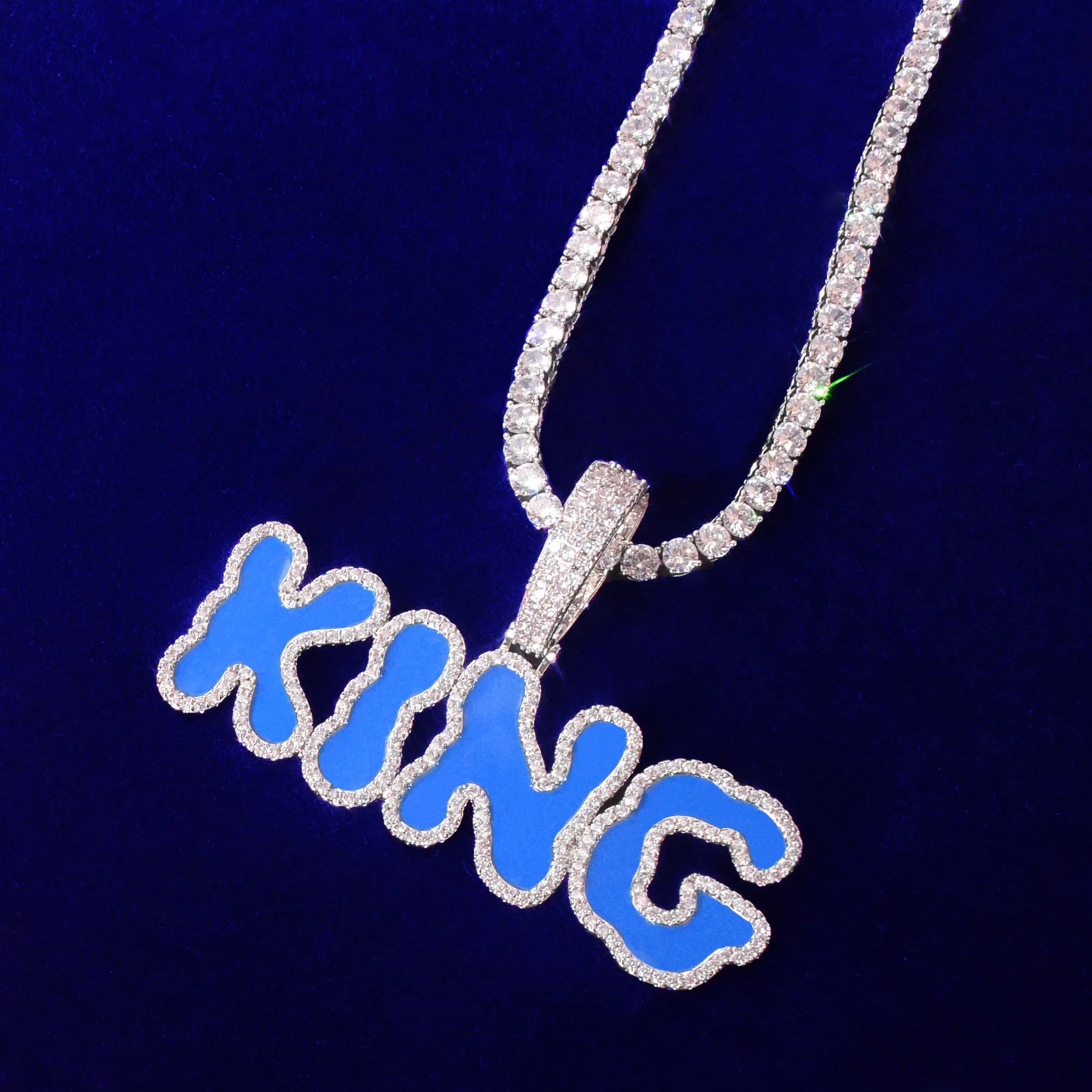 Solid Back Custom Blue Enamel Letter Pendant - Icedgame & Co