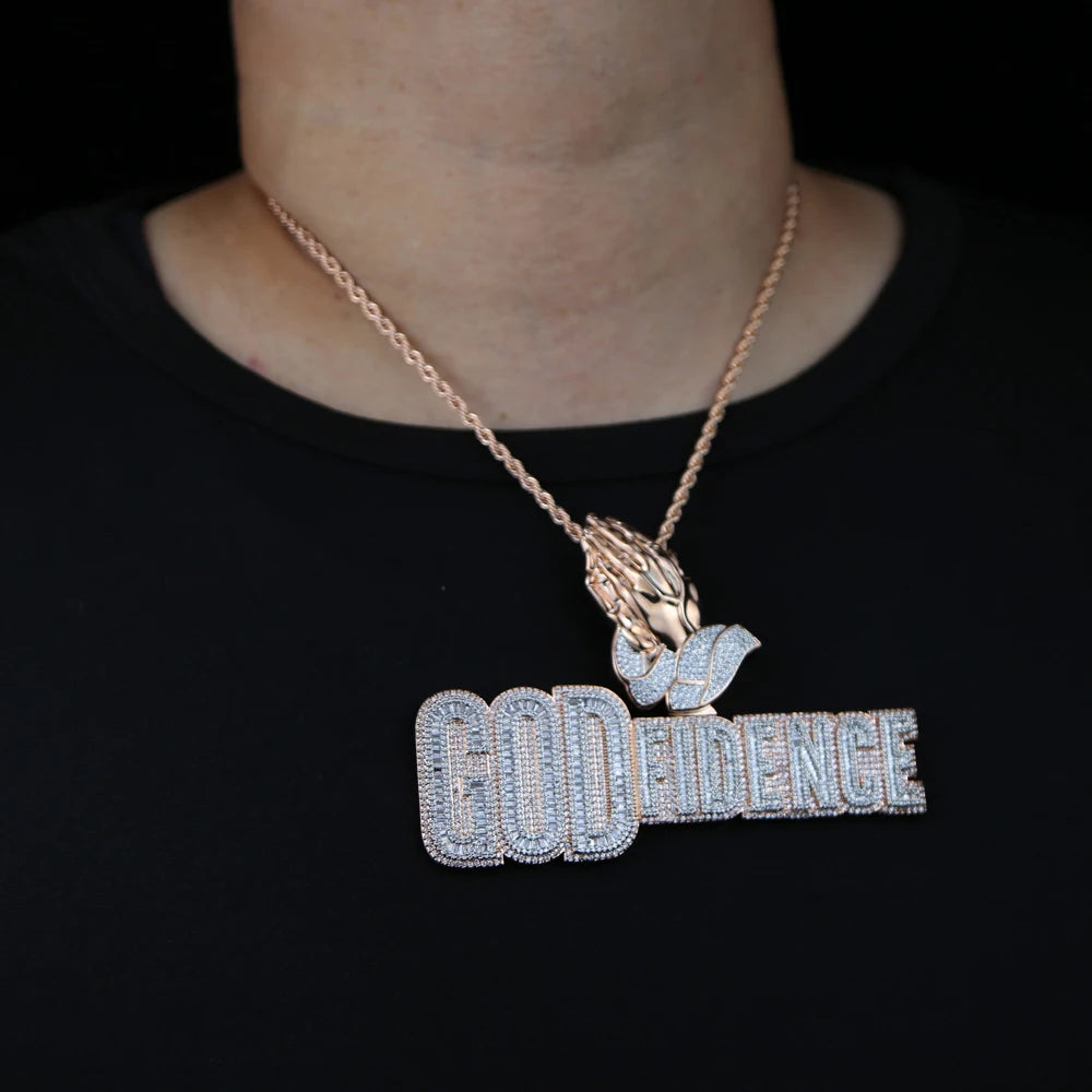 Iced Out Praying Hands Bail "GOD Fidence" Pendant Necklace