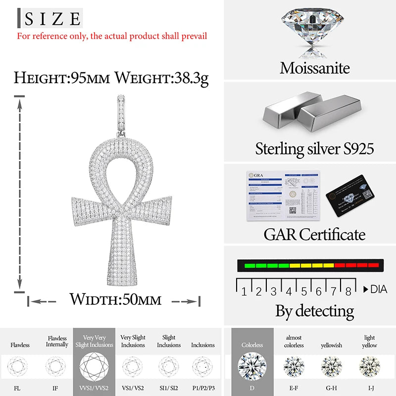 S925 Moissanite Ankh Cross Diamond Pendant - Small/Medium/Large