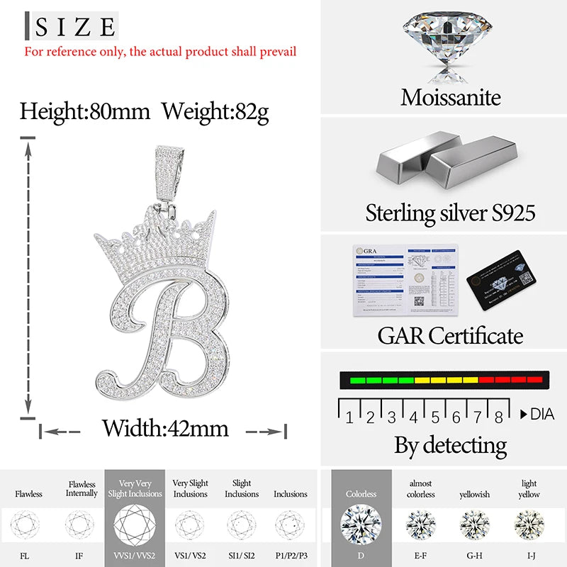 S925 Moissanite Crown "Dollie Script" A-Z Custom Letter Pendant - Icedgame & Co