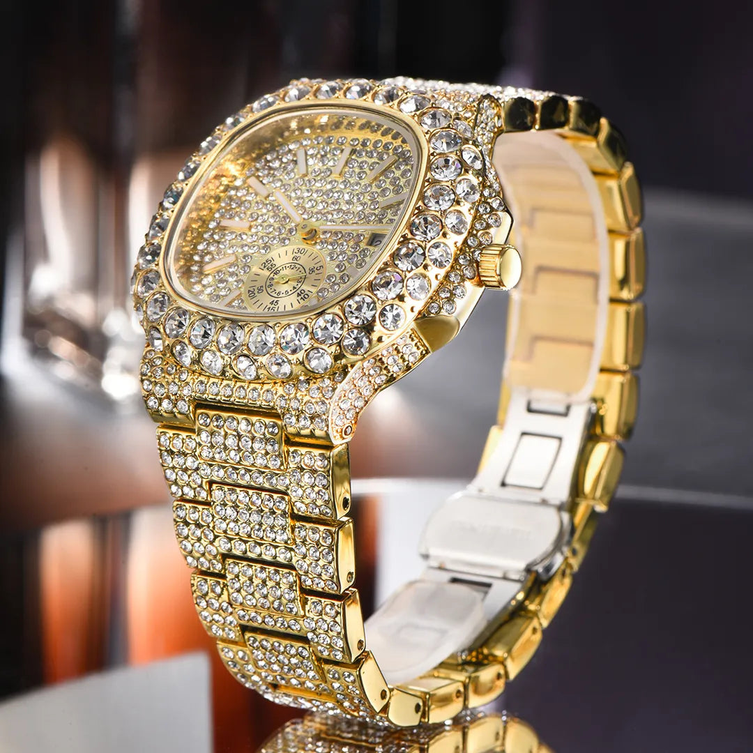 Iced Fully-Diamond Horizontally Embossed Dial 18K Gold Watch