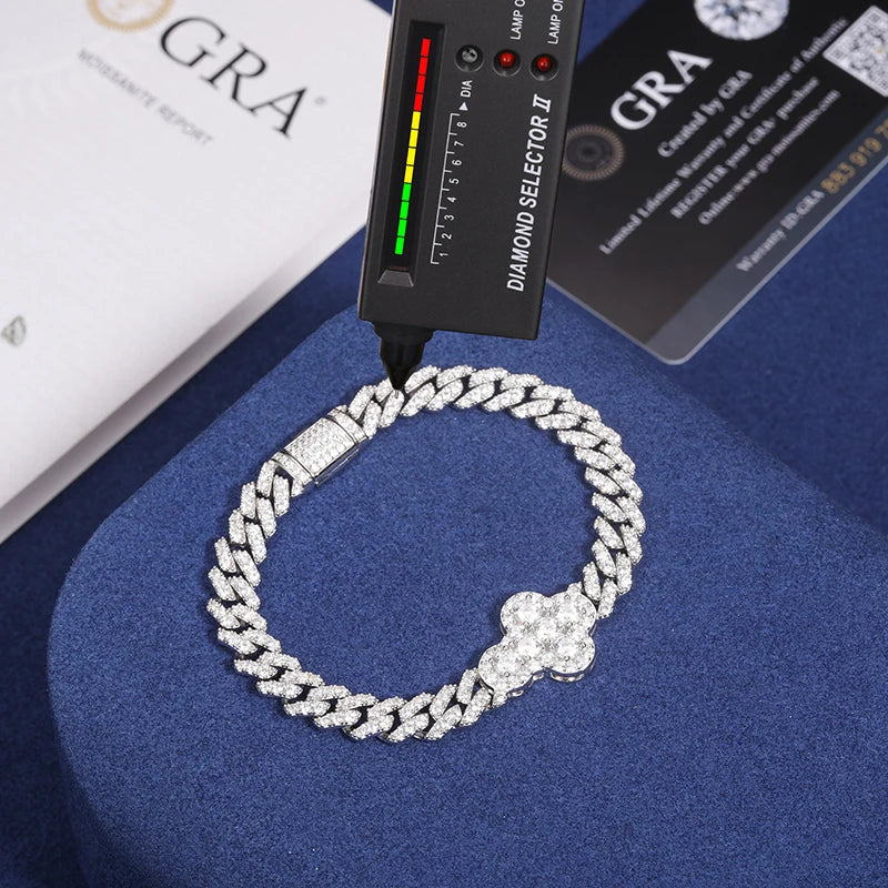 S925 Moissanite Cross Cuban Bracelet - White Gold