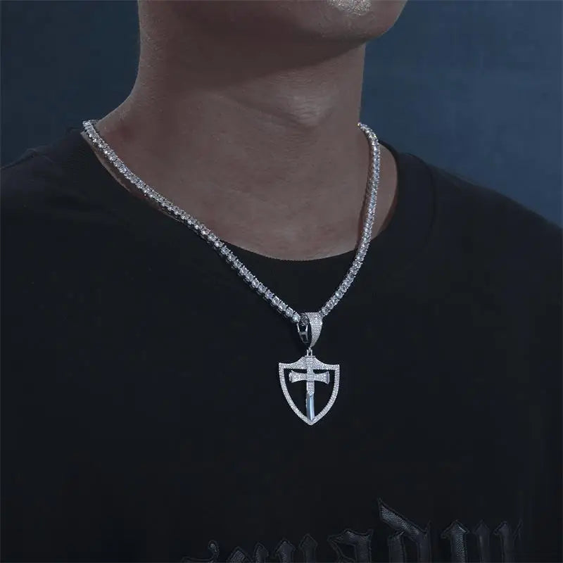 S925 Moissanite Cross Shield Pendant Necklace