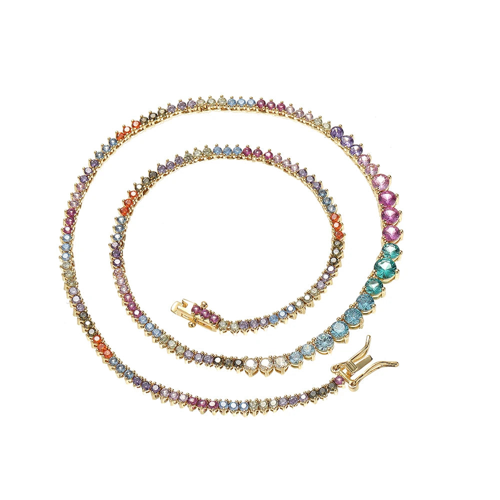 2mm-5mm Multi-Color Gemstone Diamond Curved Tennis Necklace