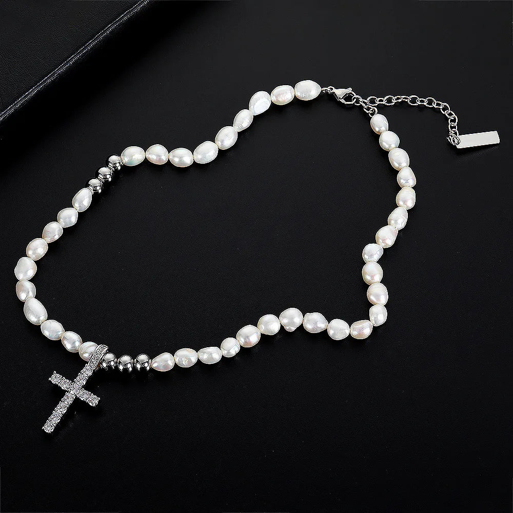 Pearl Diamond Cross Pendant Necklace