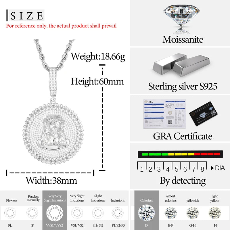 S925 Moissanite Diamond Cuban Round Frame Jesus Pendant