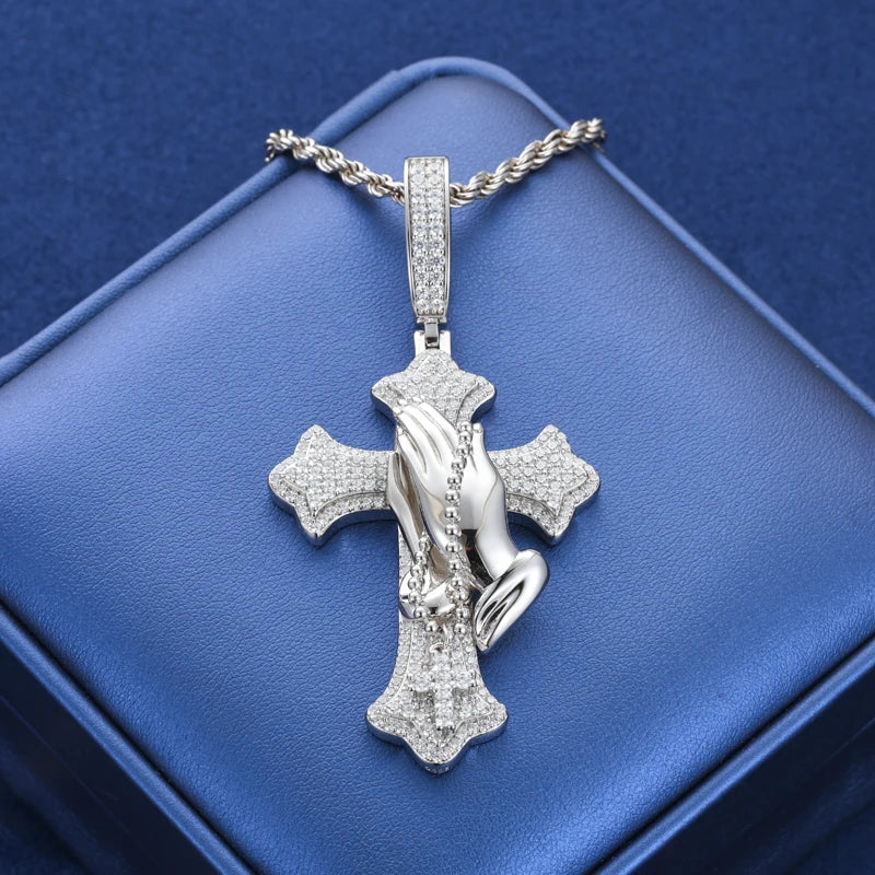 S925 Moissanite Flory Cross Pendant With Pray Hand