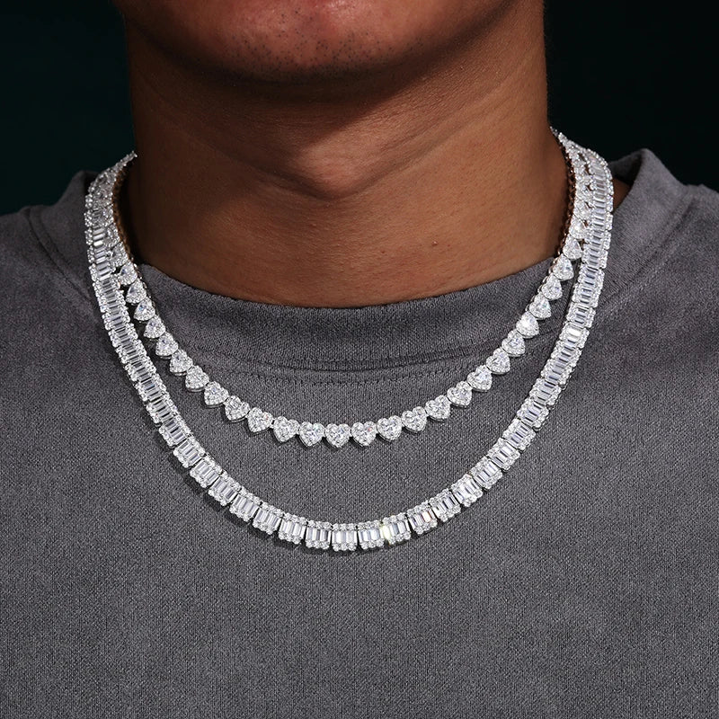 S925 Square Baguette Moissanite Diamond Tennis Necklace - 10mm