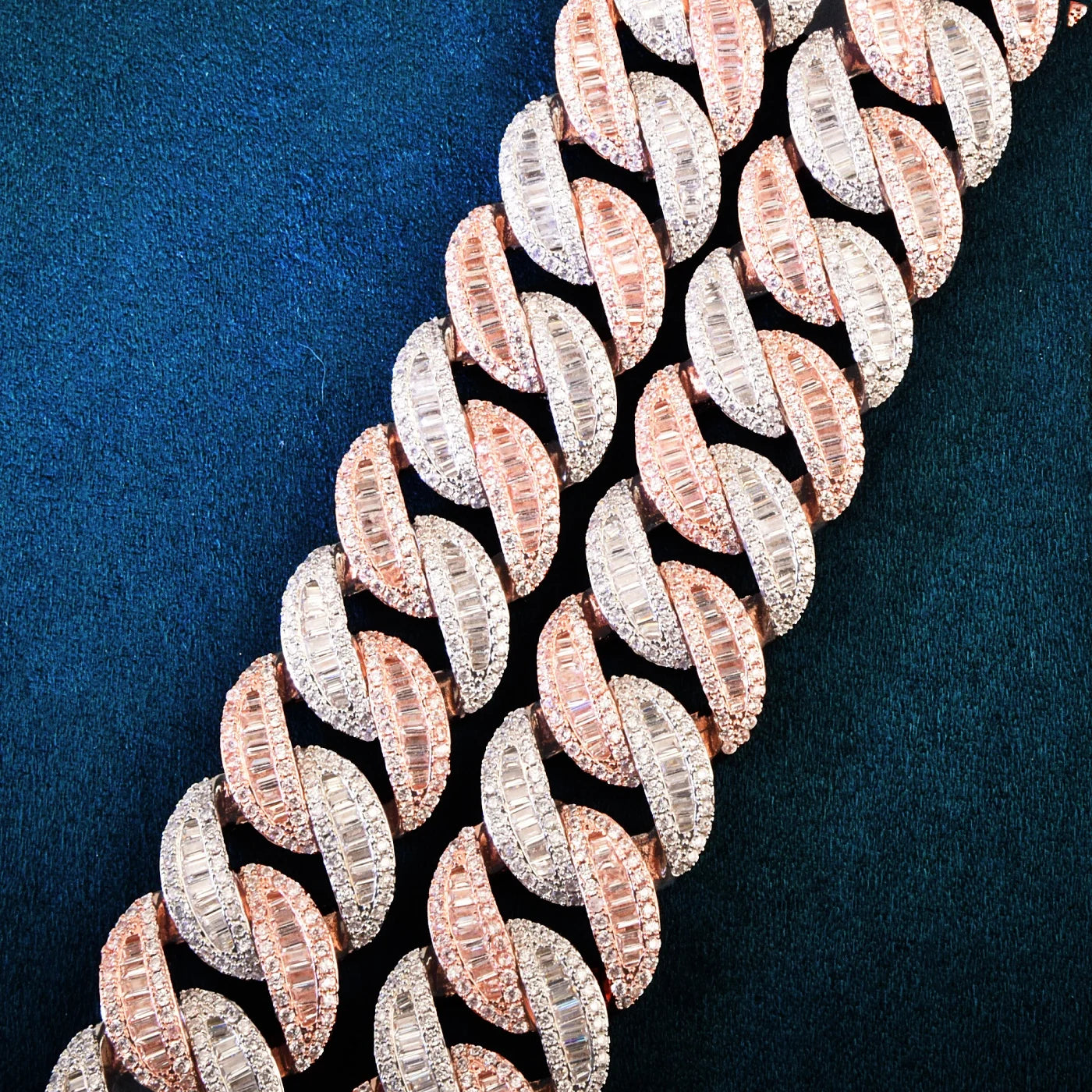 Two Tone Baguette Curve Cuban Link Chain Necklace - 19mm