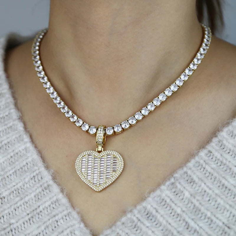 Iced Out Baguette Heart Shape Pendant Necklace