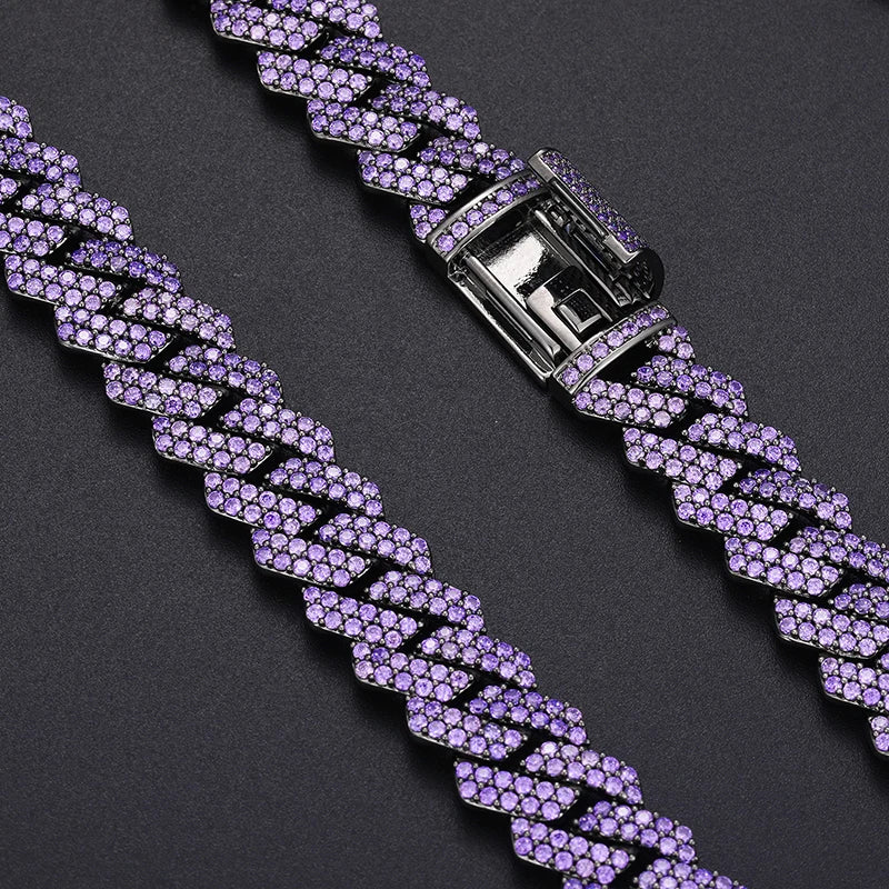 14mm Purple Diamond Cuban Link Chain Necklace