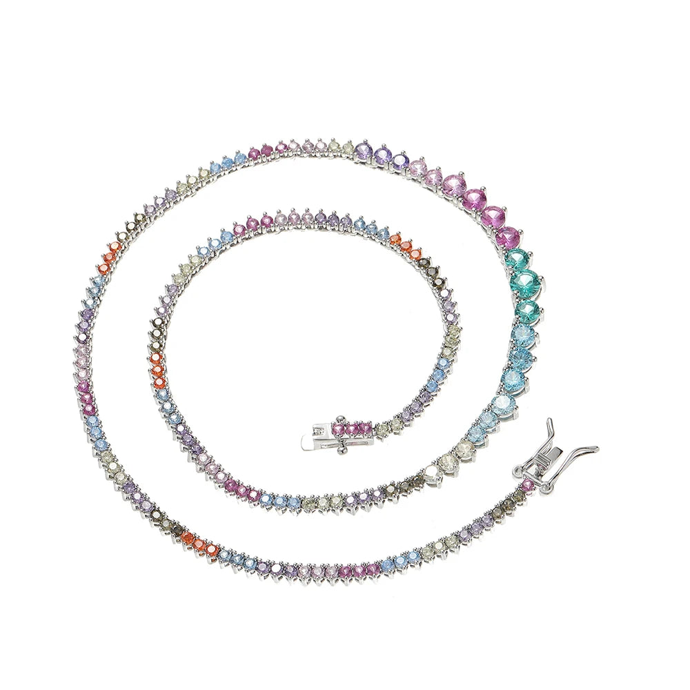 2mm-5mm Multi-Color Gemstone Diamond Curved Tennis Necklace