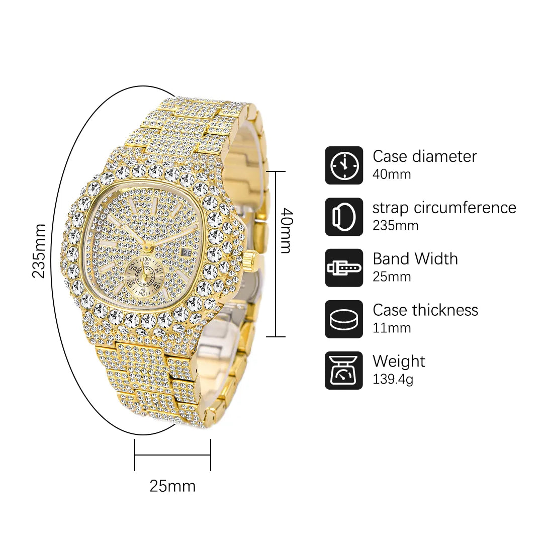 Iced Fully-Diamond Horizontally Embossed Dial 18K Gold Watch