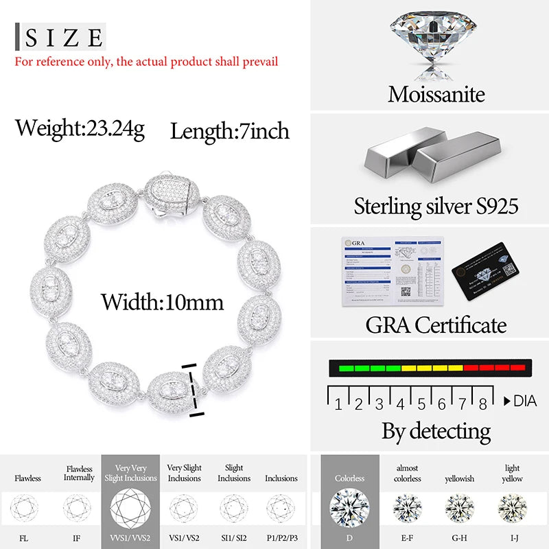 S925 Moissanite Oval Pave Diamond Bracelet - 10mm
